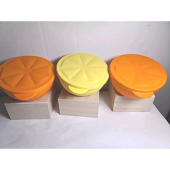 Lot Of 3 Tupperware Citrus Bowls Angled Yellow & Orange Containers With Lids - Picture 1 of 6
